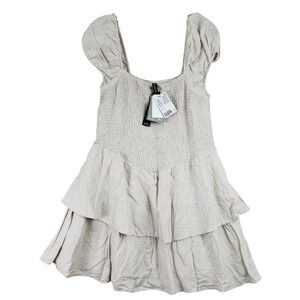 H&M Divided Smocked Tiered Mini Dress Womens L Beige Cottagecore Boho 3995